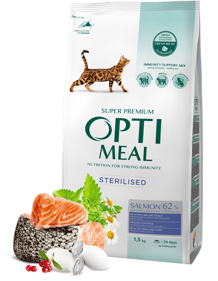 OptiMeal szárazeledel sterilizált macskáknak sterilizált lazaccal 1,5 kg