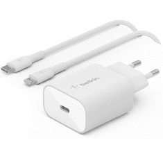 Belkin Boost Charge USB-C Hálózati töltő + USB-C apa - Lightning apa töltőkábel - Fehér (25W) (WCA004VF1MWH-B5)