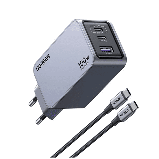 Ugreen Nexode Pro EU 3-Port GaN PD Fast Charger With USB-C Cable Univerzális Fekete, Szürke AC Gyorstöltés Beltéri (25874)