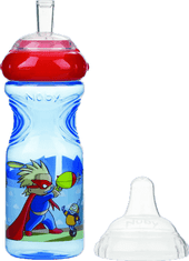 Nuby Nem folyó palack szilikon itatóval 300 ml, 9 m+, kék, piros kupakkal - szuperhős