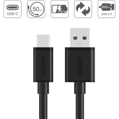 Unitek Y-C481BK USB-A apa - USB-C apa 2.0 Adat és töltőkábel - Fekete (0.5m) (Y-C481BK)