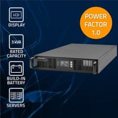 Qoltec szünetmentes tápegység UPS RACK-hez | 3kVA | 3000W | Power Factor 1.0 | LCD | EPO | USB | On-line
