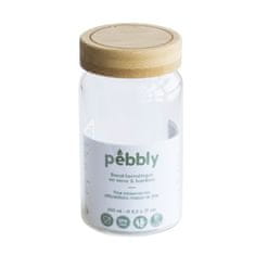 Pebbly Dóza , PKV-027, skleněná, kulatá, na jídlo, 650 ml, bambusové víko s uzávěrem, 8,5 x 8,5 x 17 cm