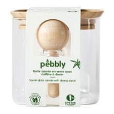 Pebbly Dóza , PKV-049, skleněná, čtvercová, na potraviny, 800 ml, bambusové víko, odměrka 5 ml, 11 x 11 x 11 cm