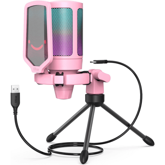 Fifine AmpliGame A6V RGB Gamint / Podcast Mikrofon tripod álvánnyal - Pink (FA6VP)