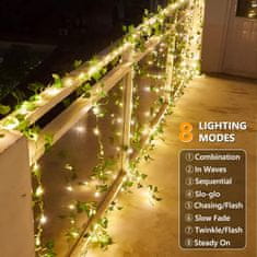 Netscroll Napraforgó lámpák szőlőtő formájában, 50 LED lámpa, borostyán levél fénylánc, függőleges díszítésre való girland, esküvői, kerti, kerítés dekoráció, vízálló, napelemes töltés, 5m, LeafLights