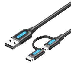 Vention 2az1-ben USB-A - USB-C/Micro-B adat,- és töltőkábel 1m fekete-kék (CQDBF) (CQDBF)