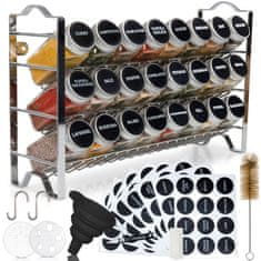Deco Haus Fűszertartó tárolódobozokkal -3 szintes fém fűszertartókészlet, 24 fűszertartóval, 48 címkével, ecsettel, tölcsérrel, kampókkal - használható pulton vagy a falra szerelhető