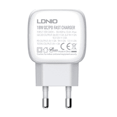 LDNIO A2313C hálózati töltő USB-A + USB-C, PD + QC 3.0, 20W fehér (A2313C EU)