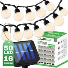 LUMILED Napelemes kerti lámpa LED fénylánc 16,70m GIRLANDA GLADI 2 s 50x LED dekoratív GOLYÓKAT 3000K Meleg fehér