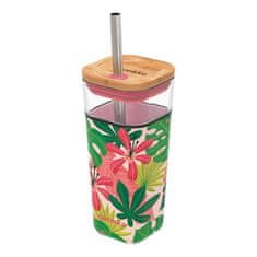 QUOKKA Liquid Cube üveg pohár szilikon felülettel 540 ml, pink jungle flora