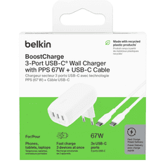 Belkin BoostCharge 3x USB Type-C Hálózati töltő + USB Type-C kábel - Fehér (67W) (WCC002VF2MWH-B6)