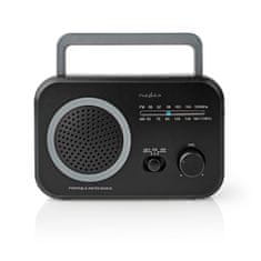 Nedis FM rádió | Hordozható kivitel | AM / FM | Elemről működik / hálózati adapter | Analóg | 1,8 W| Fekete-fehér képernyő | Bluetooth | Fejhallgató-csatlakozó | Hordfogantyú | Szürke/fekete 
