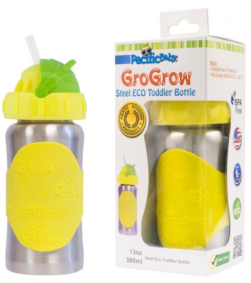 Pacific Baby GoGrow Rozsdamentes ÖKO üveg itatócsőrrel 300 ml - sárga