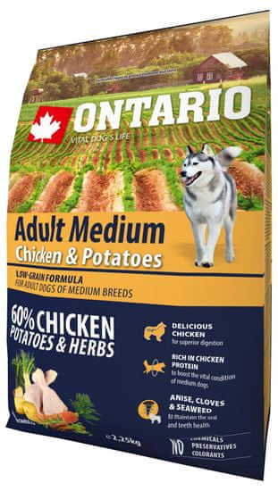 Ontario Adult Medium Chicken & Potatoes Száraz kutyatáp, 2,25kg