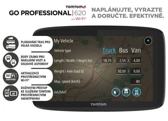 TomTom GO PROFESSIONAL 620 - LIFETIME térképek forgalmi szolgáltatással és radar-figyelmeztetésekkel.
