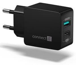 Connect IT Fast Charge töltőadapter 1× USB-A + 1× USB-C, 3,4 A, fekete CWC-2030-BK