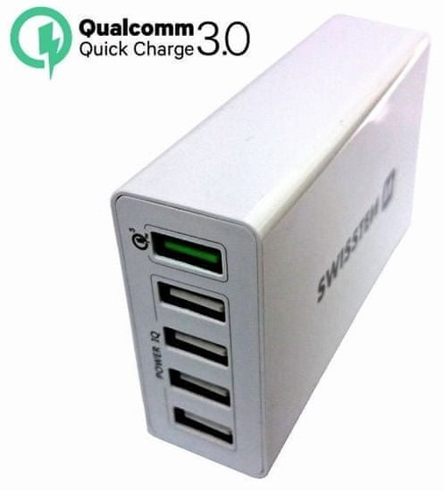 SWISSTEN Qualcomm 3.0 Quick Charge + SMART IC 5× USB 50 W Power hálózati adapter, fehér 22013306