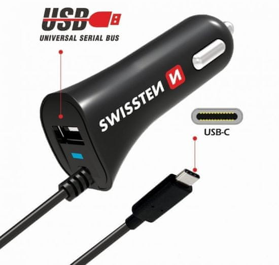 SWISSTEN CL autós töltő USB-C és USB 2,4 A Power 20111500