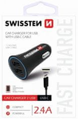 SWISSTEN CL adapter 2,4 A Power 2× USB + USB-C kábel 20110908