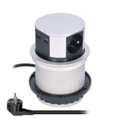 Solight kihúzható blokk, 3 konnektor, 2x USB, alacsony kör alakú, 1,5 m hosszabbító kábel, 3 x 1mm2, ezüst