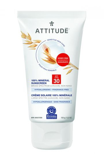 Attitude 100% ásványi anyagokból készült napozókrém (SPF 30) érzékeny bőrre és nem tipikus bőrre, illatmentes, 150 g