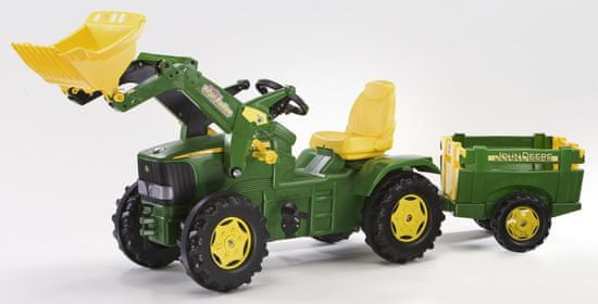 Rolly Toys Lábbal hajtható traktor Farmtrac John Deere utánfutóval