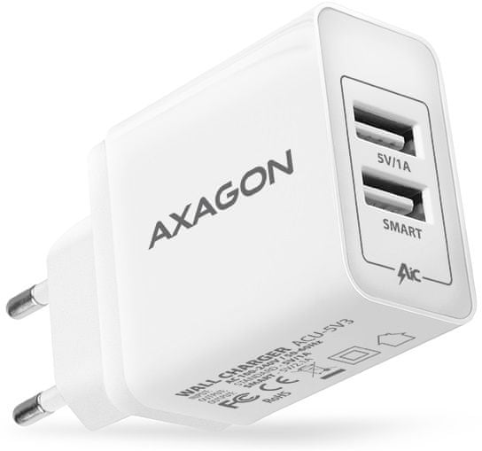 AXAGON SMART hálózati töltő, 2x port 5V-2.1A + 1A, 15.5W, ACU-5V3