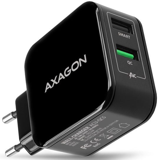 AXAGON QUICK és SMART hálózati töltő, 2x port QC3.0/AFC/FCP + 5V-2.6A, 31 W, ACU-QC5