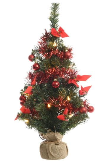 Kaemingk Mini Mini karácsonyfa izzókkal, piros díszekkel díszítve, 60 cm, 20 LED