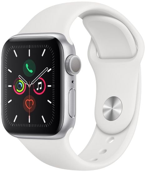 Apple Watch Series 5 GPS, 40mm Silver Aluminium Case with White Sport Band (MWV62HC/A)