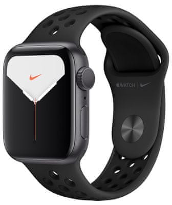 Apple Watch Nike Series 5 okosóra, Retina kijelző folyamatosa bekapcsolt EKG alkalmazás Nike Run Club pulzus szívtevékenység folyamatos figyelése zenelejátszó hívások értesítések NFC Apple Pay fizetés zaj App Store