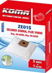 KOMA ZE01S - 25 darabos porzsákkészlet Zelmer, Cobra, Flip, Furio porszívókhoz, szintetikus