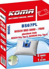KOMA BS67PL - 25 darabos porzsákkészlet BOSCH Typ G, Siemens porszívókhoz, műanyag előlappal, szintetikus