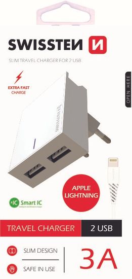 SWISSTEN SMART IC hálózati adapter, CE 2x USB, 3 A, fehér(22047000)