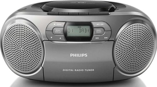 rádiómagnó philips azb600 lekerekített dizájn fm dab dab+ tuner cd meghajtó audio in bemenet 2 w hangszórók akkumulátorról való működés kazetta lejátszó