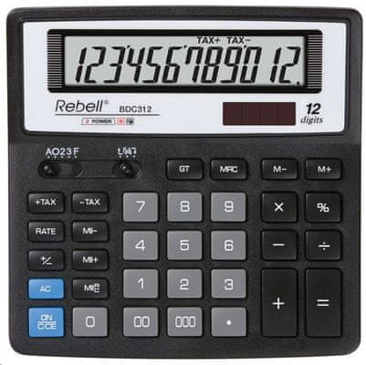 Rebell BDC312 (RE-BDC312 BX) asztali pénzügyi számológép, napelemes, adó kiszámítása, GT funkció, 12 számjegy