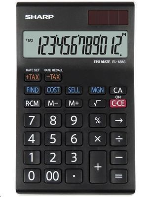 Asztali pénzügyi számológép Sharp EL128SWH, napelemes, kiszámítja az adókat, bevételeket, haszonkulcsot, költségeket