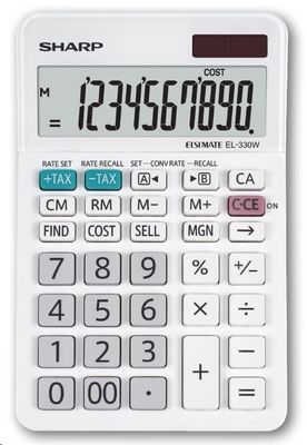 Asztali pénzügyi számológép Sharp EL330W, napelemes, kiszámítja az adókat, bevételeket, haszonkulcsot, költségeket