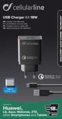 CellularLine USB adaptert és USB-C kábel tartalmazó töltő szett, Qualcomm Quick Charge 3.0, 18 W, fekete ACHHUKITQCTYCK