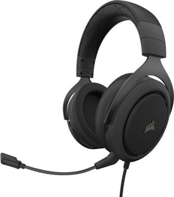 Fejhallgató Corsair HS50 Pro Stereo, fekete (CA-9011215-EU), neodímium 50mm hangszórók, headset, lecsatolható mikrofon, vezetékes, kényelmes, komfort, memóriahab