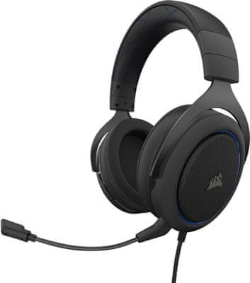 Corsair HS50 sztereó fejhallgató, kék (CA-9011217-EU), neodímium 50 mm-es inverterek, headset, eltávolítható mikrofon, vezetékes, komfort, kényelem, memóriahab