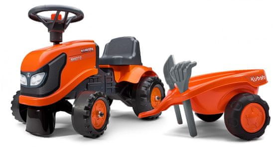 Falk Lábbal hajtható narancssárga Kubota traktor kormánykerékkel és platóval