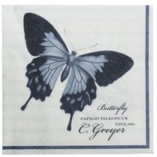 Lene Bjerre MOLLY papír szalvéták, fehér, kék pillangóval, 40 x 40 cm