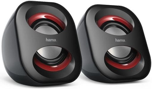 kicsi, kompakt hangszóró 2.0 hama sonic mobile 183 173131 fekete és piros usb 3.0 és 3W teljesítményű hangkábel 3.5 mm-es jack hangerőszabályzóval a modern kábeleken