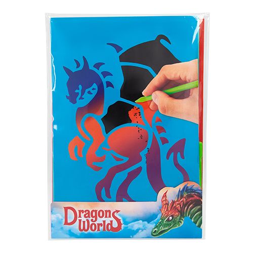 Dino World Kaparási blokk Dragon World sablonokkal, 4x kaparófelület, 4x sablon, 1x kaparó