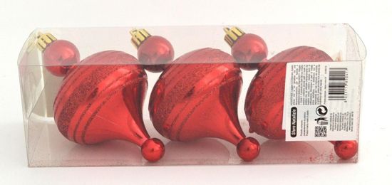 DUE ESSE 3 db-os karácsonyfa dekoráció készlet, piros gömb - csillámvonallal