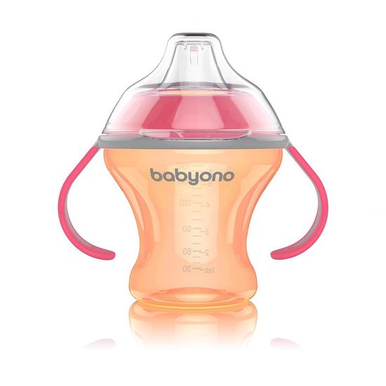BabyOno Baby Ono 180 ml-es szivárgásmentes pohár puha szájkosárral narancssárga színben