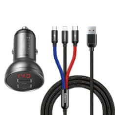 BASEUS Digital 2x USB autós töltő + 3in1 kábel USB - UBS C / Micro USB / Lightning 1.2m, fekete