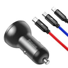 BASEUS Digital 2x USB autós töltő + 3in1 kábel USB - UBS C / Micro USB / Lightning 1.2m, fekete